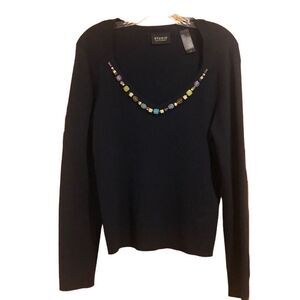STUDIO Liz Claiborne Size L Navy VNeck Long Slv Sweater Stone Accents